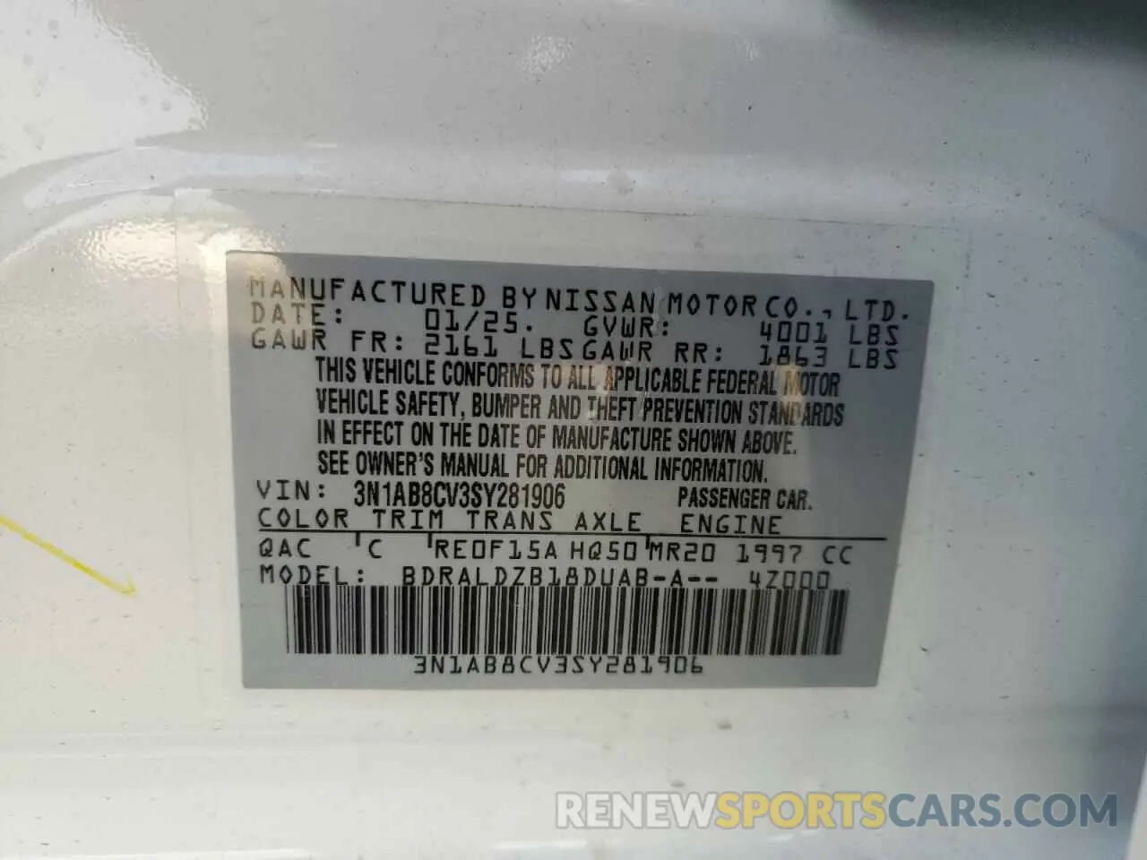 12 fotografías del automóvil dañado 3N1AB8CV3SY281906 NISSAN SENTRA 2025