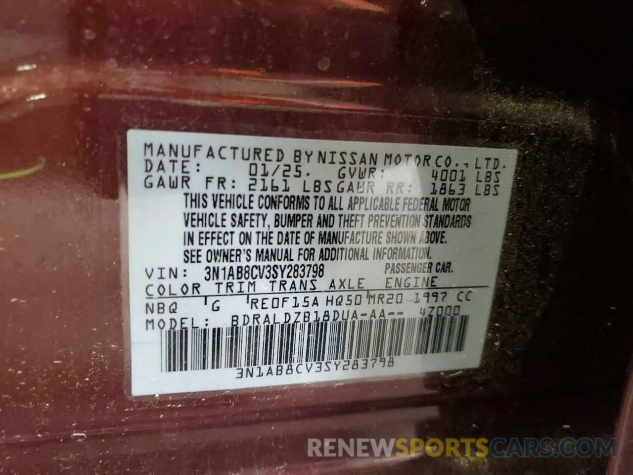 12 fotografías del automóvil dañado 3N1AB8CV3SY283798 NISSAN SENTRA 2025