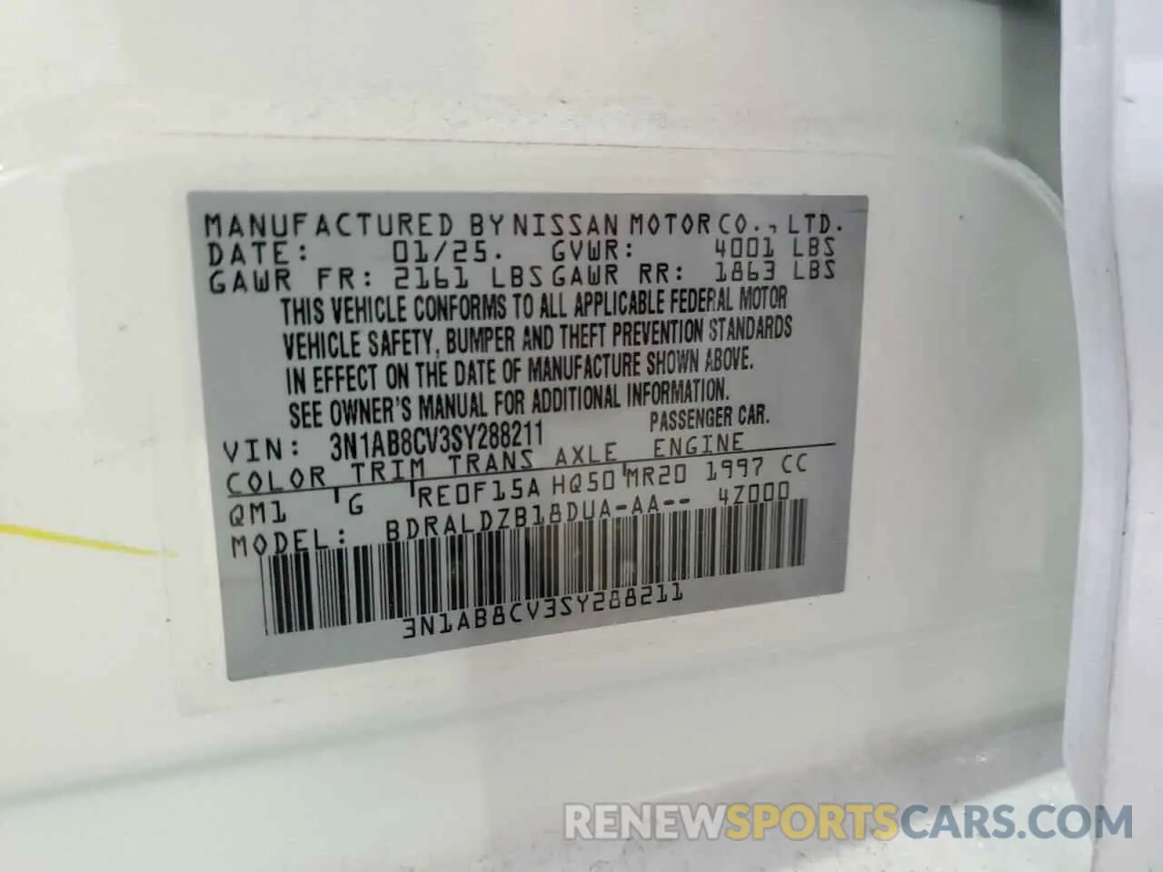 12 fotografías del automóvil dañado 3N1AB8CV3SY288211 NISSAN SENTRA 2025