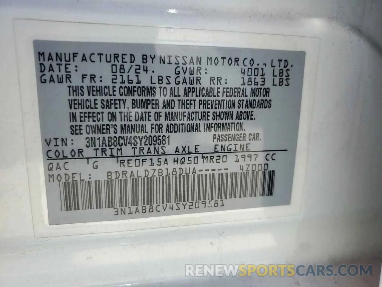 12 fotografías del automóvil dañado 3N1AB8CV4SY209581 NISSAN SENTRA 2025