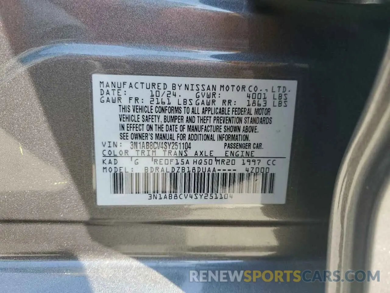 14 fotografías del automóvil dañado 3N1AB8CV4SY251104 NISSAN SENTRA 2025