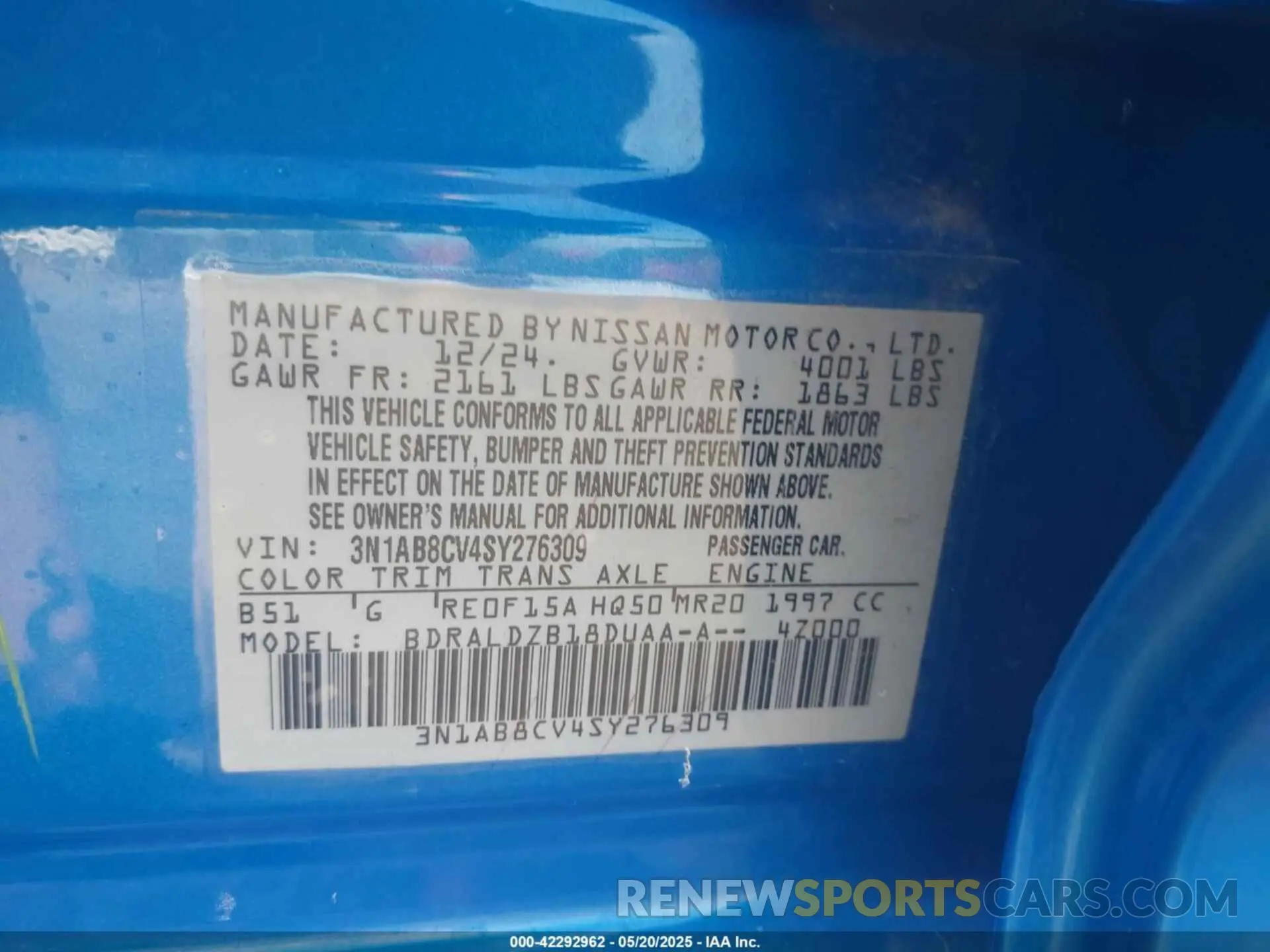 9 fotografías del automóvil dañado 3N1AB8CV4SY276309 NISSAN SENTRA 2025