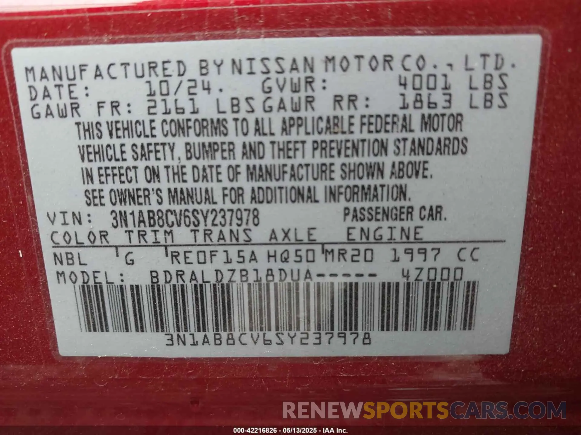 9 fotografías del automóvil dañado 3N1AB8CV6SY237978 NISSAN SENTRA 2025