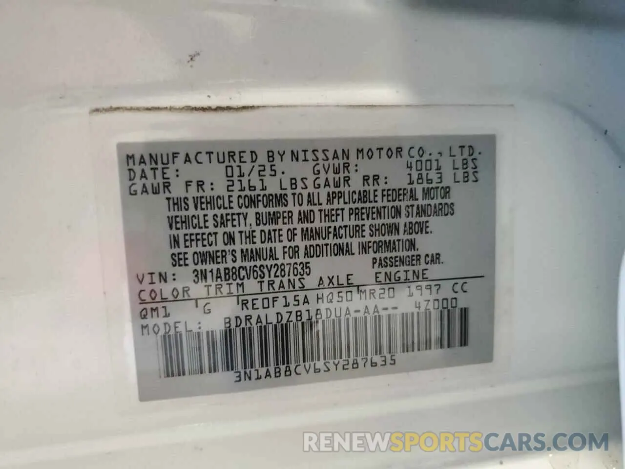 12 fotografías del automóvil dañado 3N1AB8CV6SY287635 NISSAN SENTRA 2025