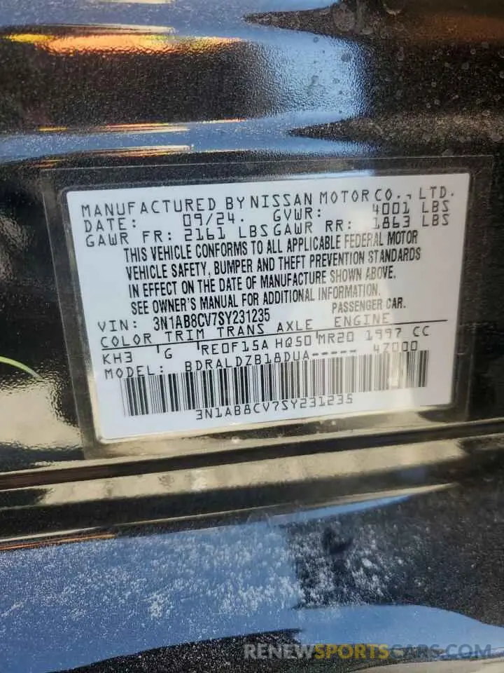 14 fotografías del automóvil dañado 3N1AB8CV7SY231235 NISSAN SENTRA 2025