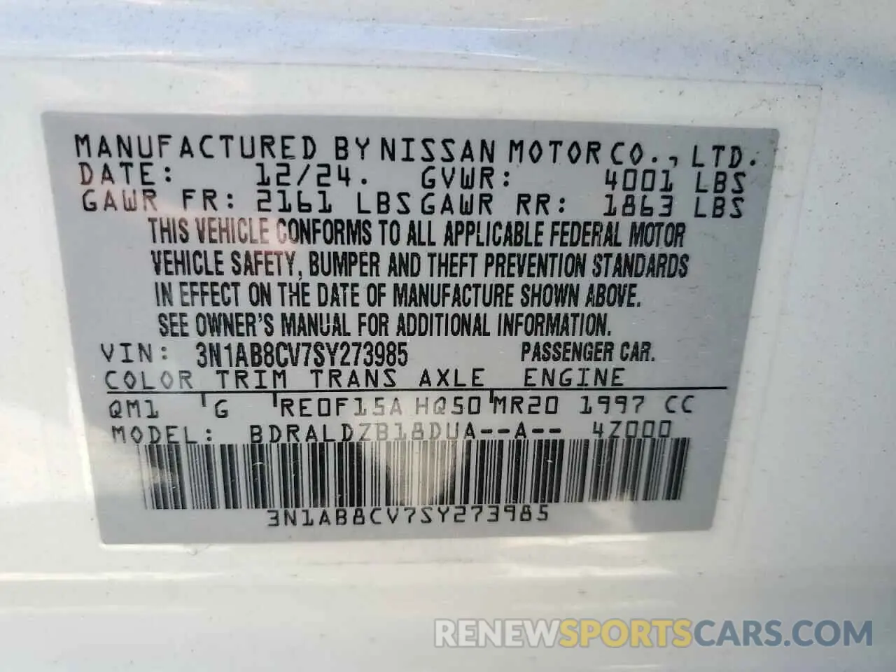 12 fotografías del automóvil dañado 3N1AB8CV7SY273985 NISSAN SENTRA 2025