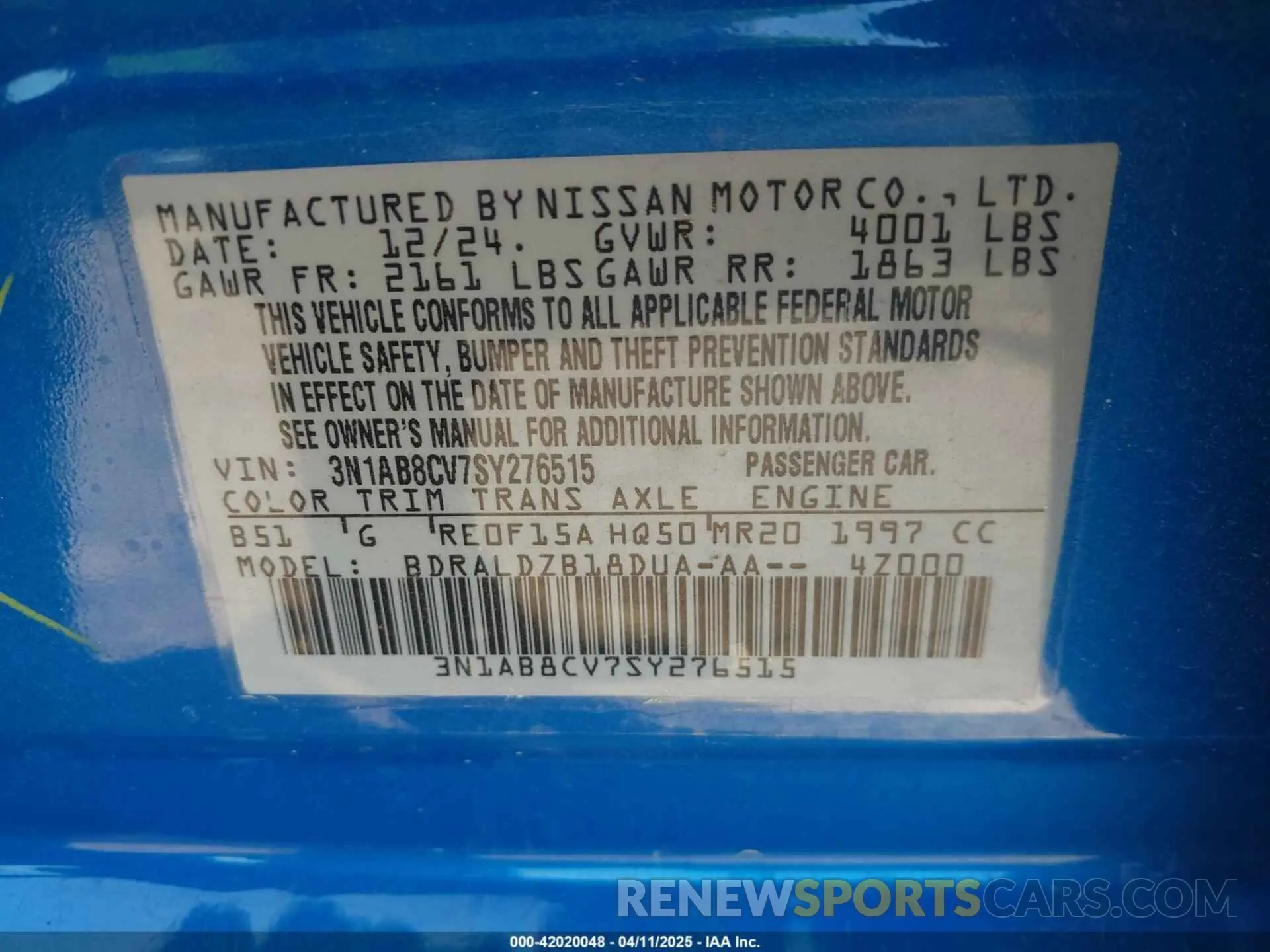 9 fotografías del automóvil dañado 3N1AB8CV7SY276515 NISSAN SENTRA 2025