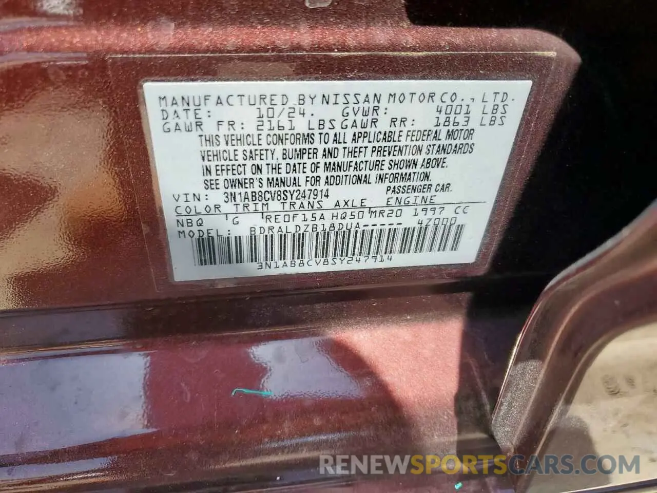 13 fotografías del automóvil dañado 3N1AB8CV8SY247914 NISSAN SENTRA 2025