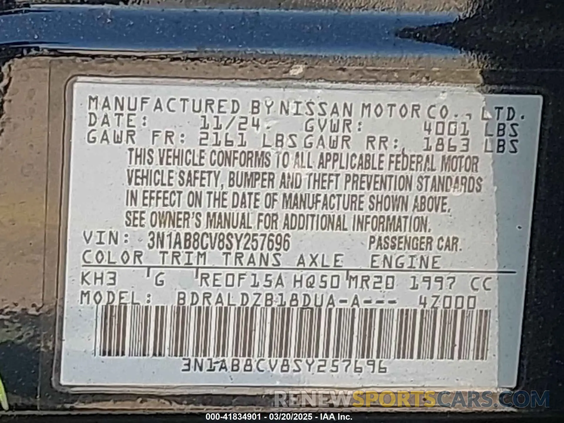 9 fotografías del automóvil dañado 3N1AB8CV8SY257696 NISSAN SENTRA 2025