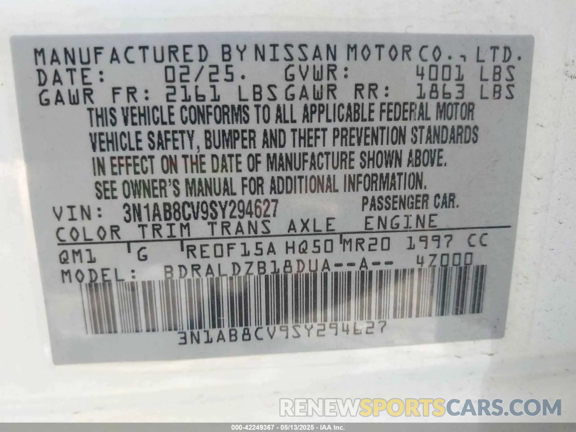 9 fotografías del automóvil dañado 3N1AB8CV9SY294627 NISSAN SENTRA 2025