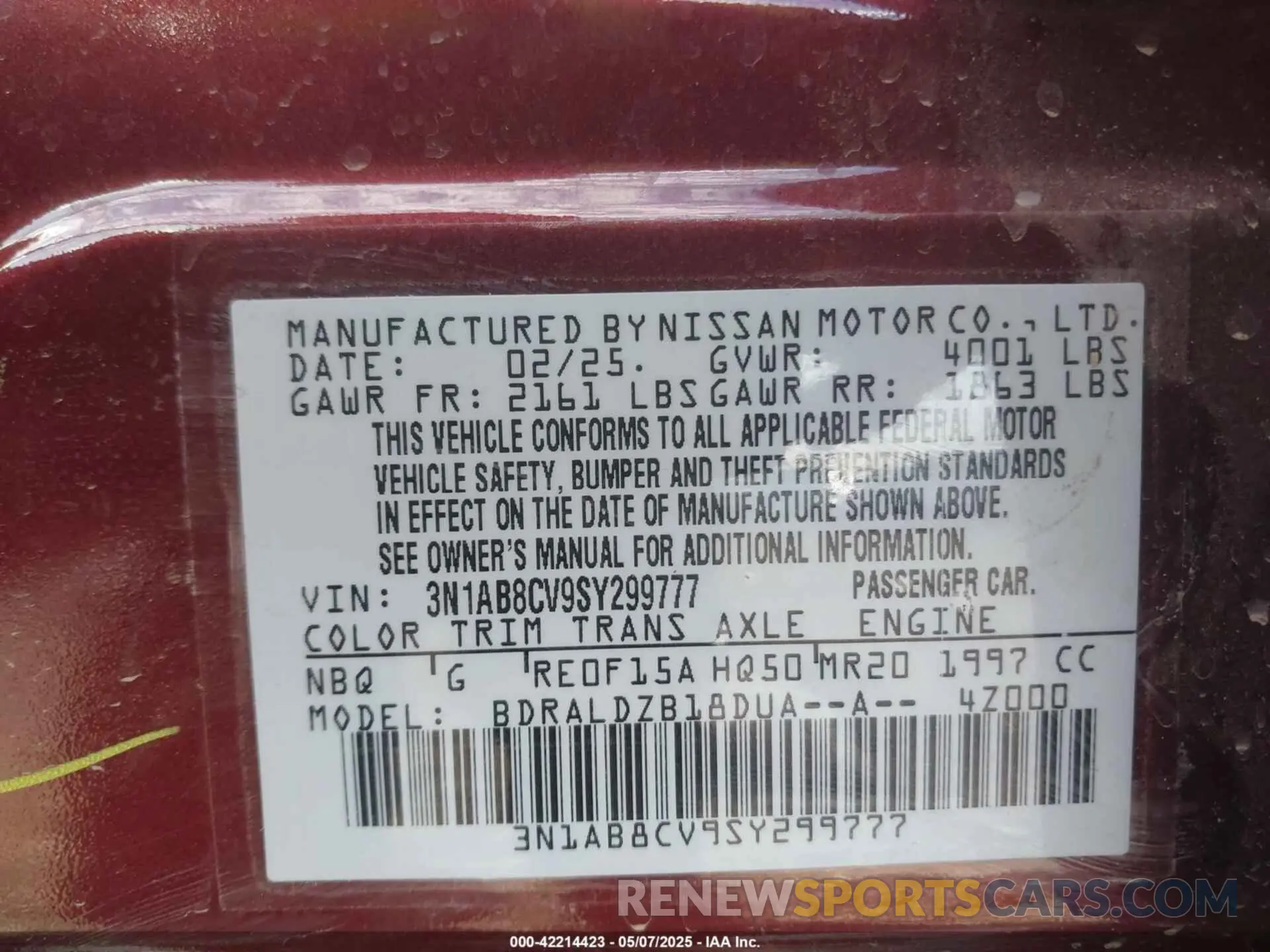 9 fotografías del automóvil dañado 3N1AB8CV9SY299777 NISSAN SENTRA 2025