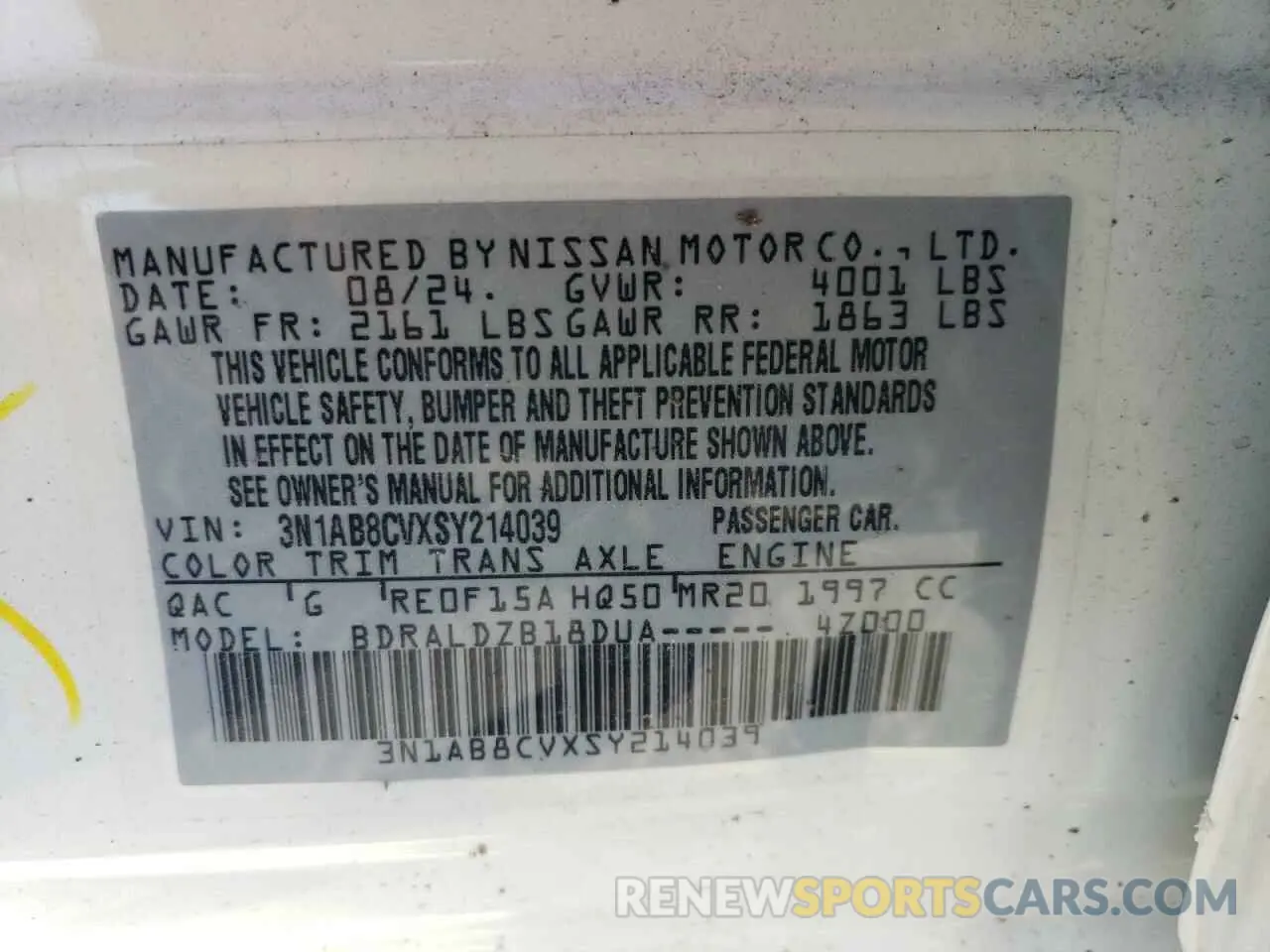 14 fotografías del automóvil dañado 3N1AB8CVXSY214039 NISSAN SENTRA 2025