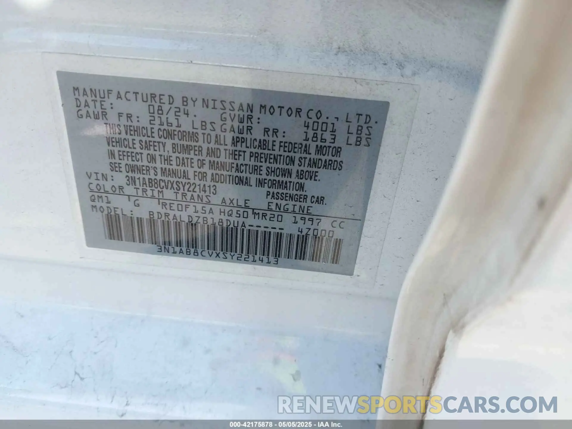 9 fotografías del automóvil dañado 3N1AB8CVXSY221413 NISSAN SENTRA 2025
