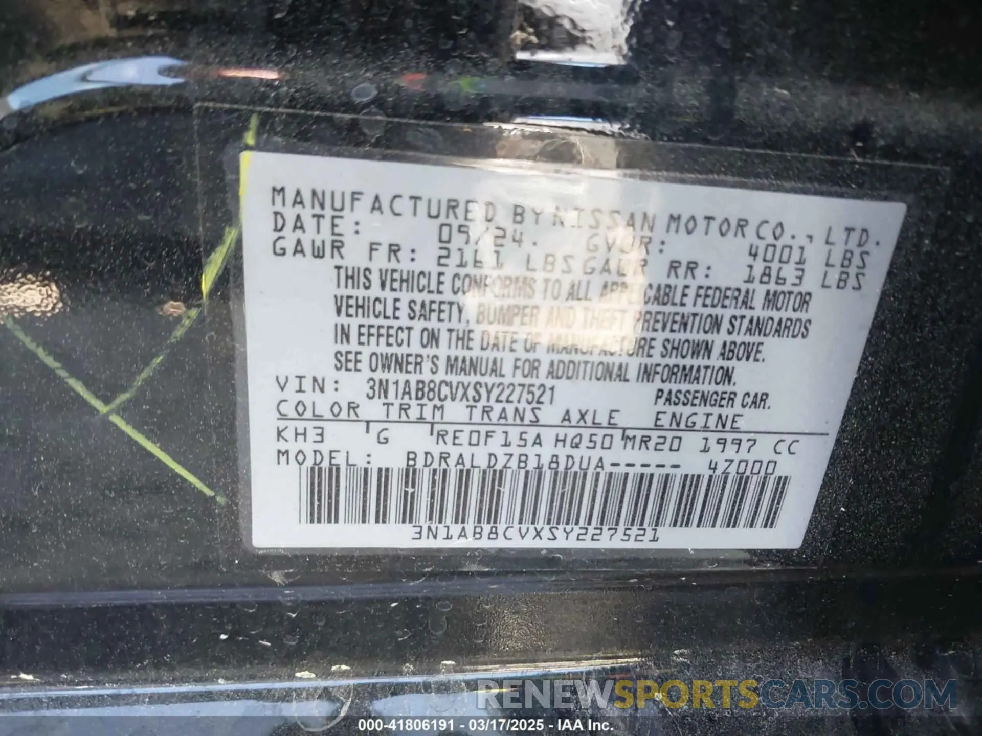 9 fotografías del automóvil dañado 3N1AB8CVXSY227521 NISSAN SENTRA 2025