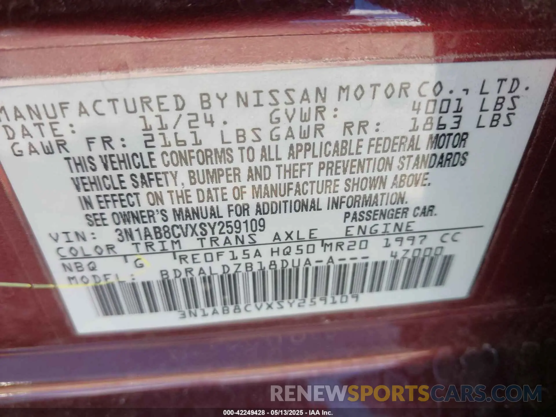 9 fotografías del automóvil dañado 3N1AB8CVXSY259109 NISSAN SENTRA 2025