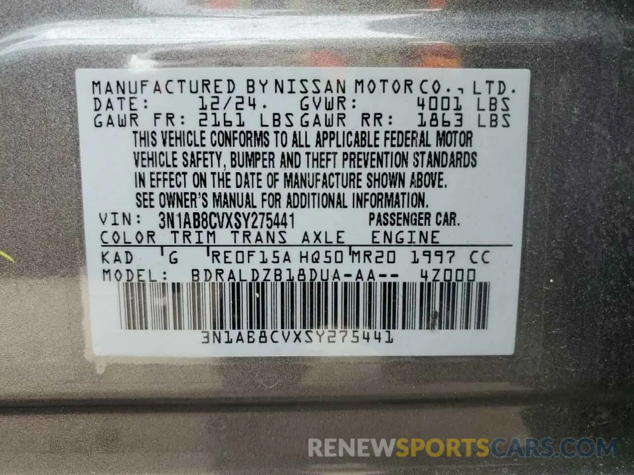 12 fotografías del automóvil dañado 3N1AB8CVXSY275441 NISSAN SENTRA 2025