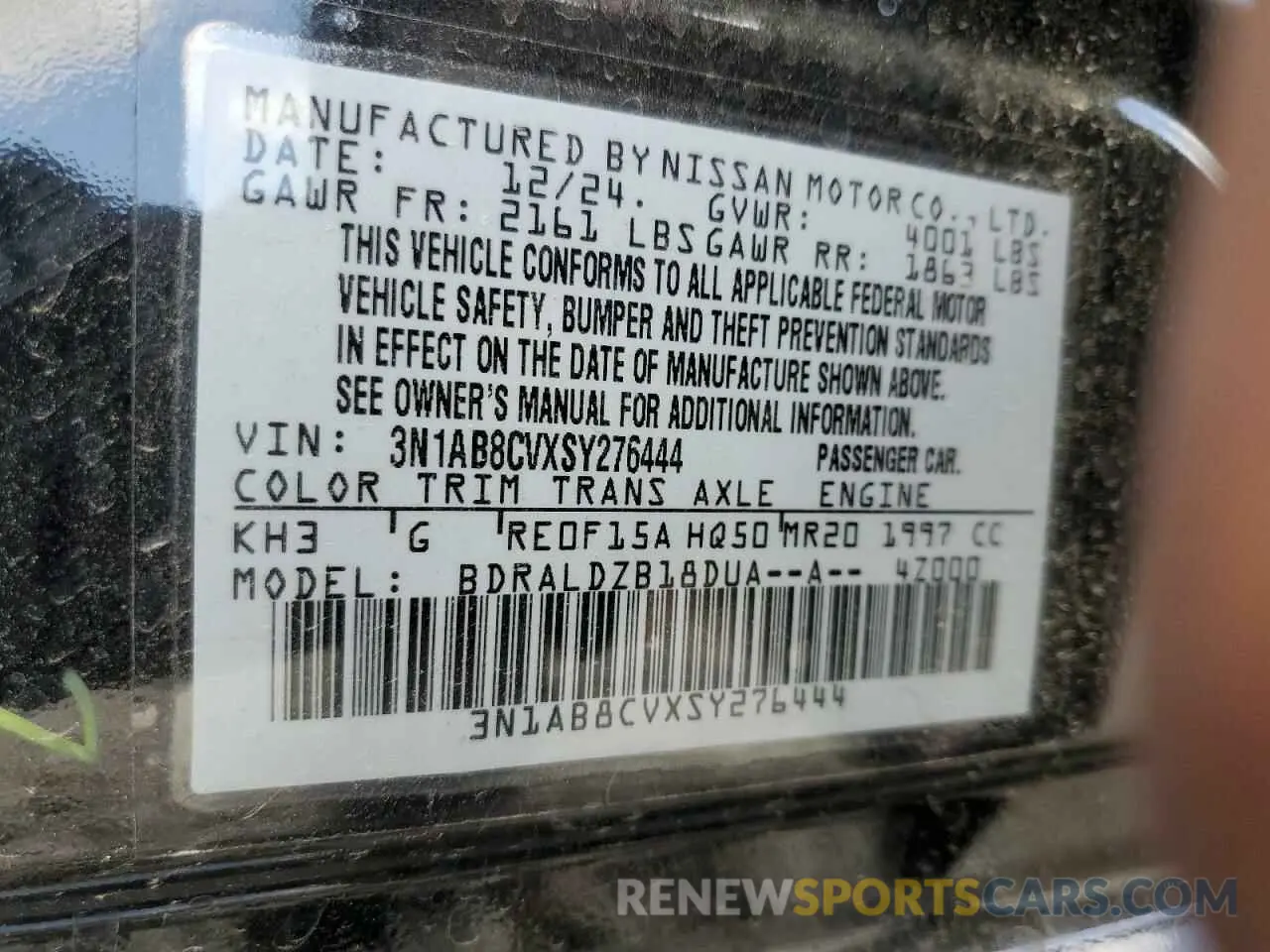 12 fotografías del automóvil dañado 3N1AB8CVXSY276444 NISSAN SENTRA 2025