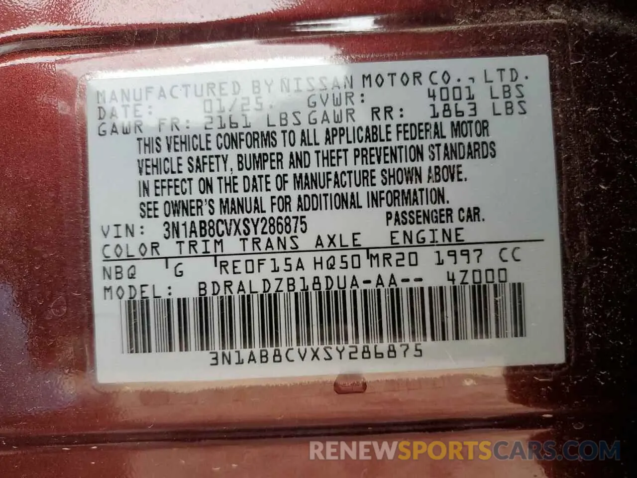 12 fotografías del automóvil dañado 3N1AB8CVXSY286875 NISSAN SENTRA 2025