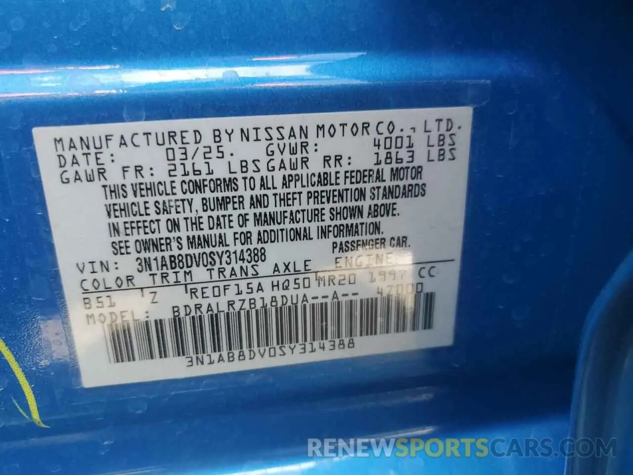 12 fotografías del automóvil dañado 3N1AB8DV0SY314388 NISSAN SENTRA 2025