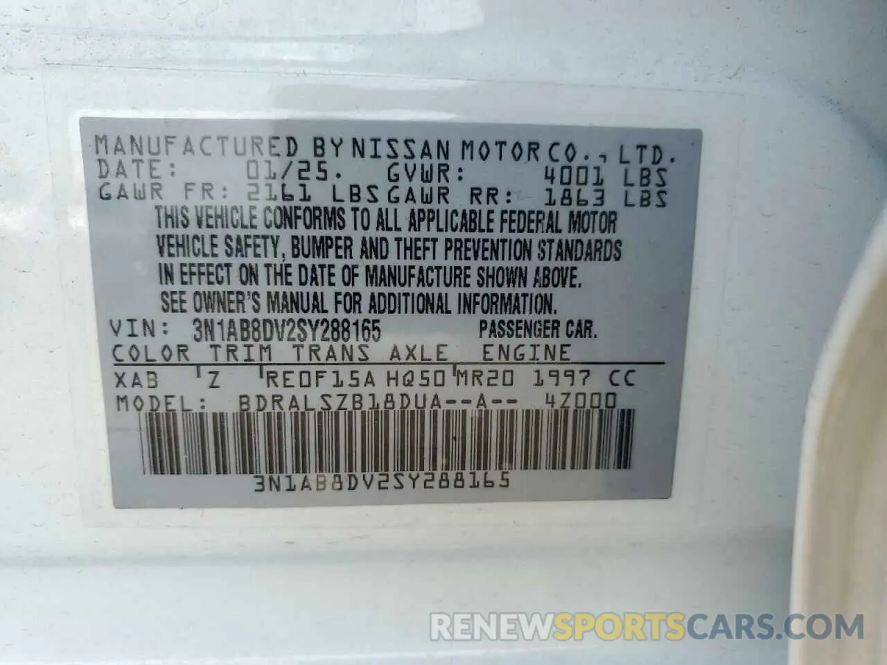 12 fotografías del automóvil dañado 3N1AB8DV2SY288165 NISSAN SENTRA 2025