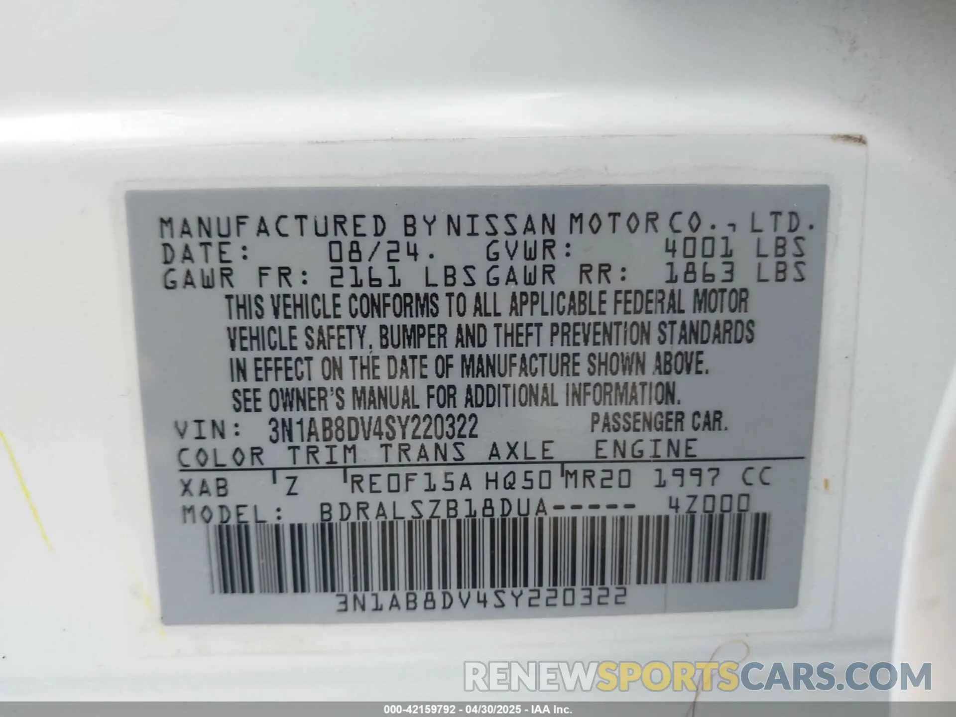 9 fotografías del automóvil dañado 3N1AB8DV4SY220322 NISSAN SENTRA 2025