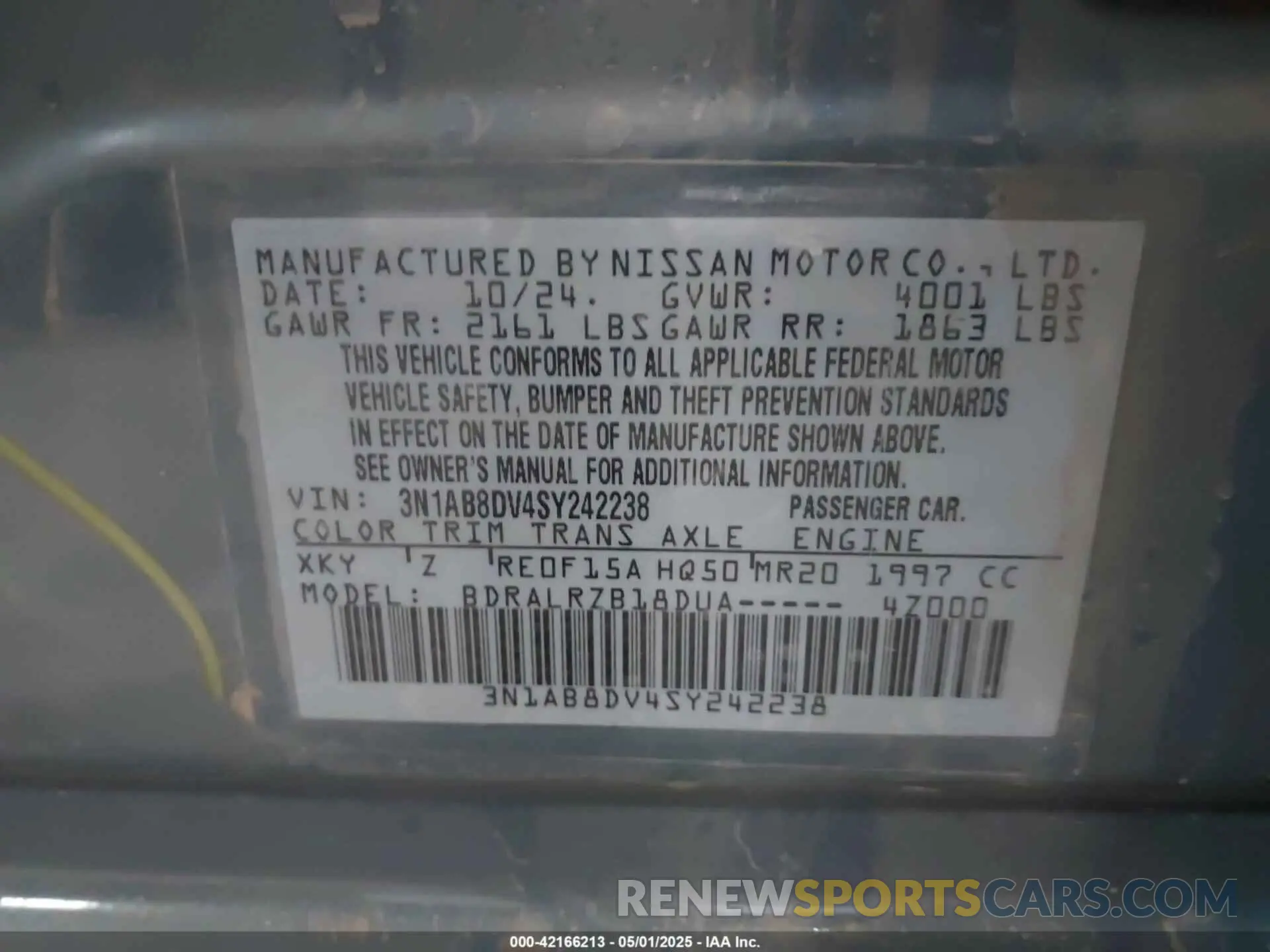 9 fotografías del automóvil dañado 3N1AB8DV4SY242238 NISSAN SENTRA 2025