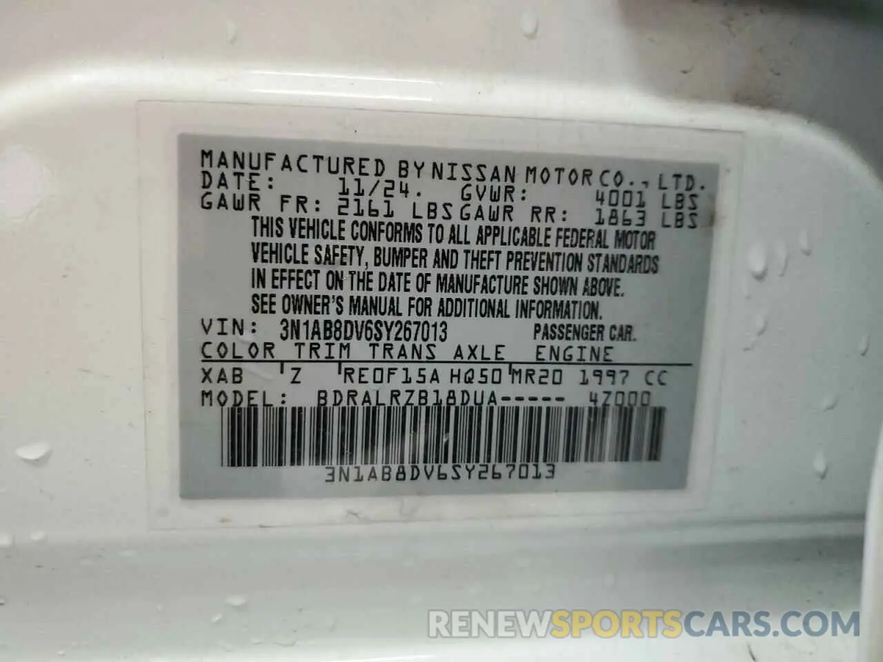 12 fotografías del automóvil dañado 3N1AB8DV6SY267013 NISSAN SENTRA 2025