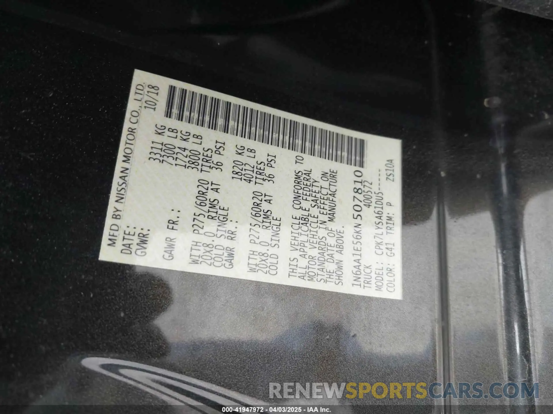 9 fotografías del automóvil dañado 1N6AA1E56KN507810 NISSAN TITAN 2019