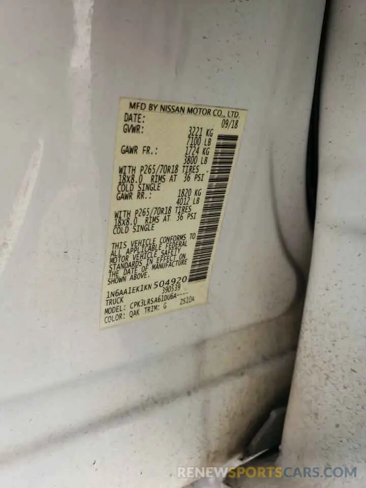 12 fotografías del automóvil dañado 1N6AA1EK1KN504920 NISSAN TITAN 2019