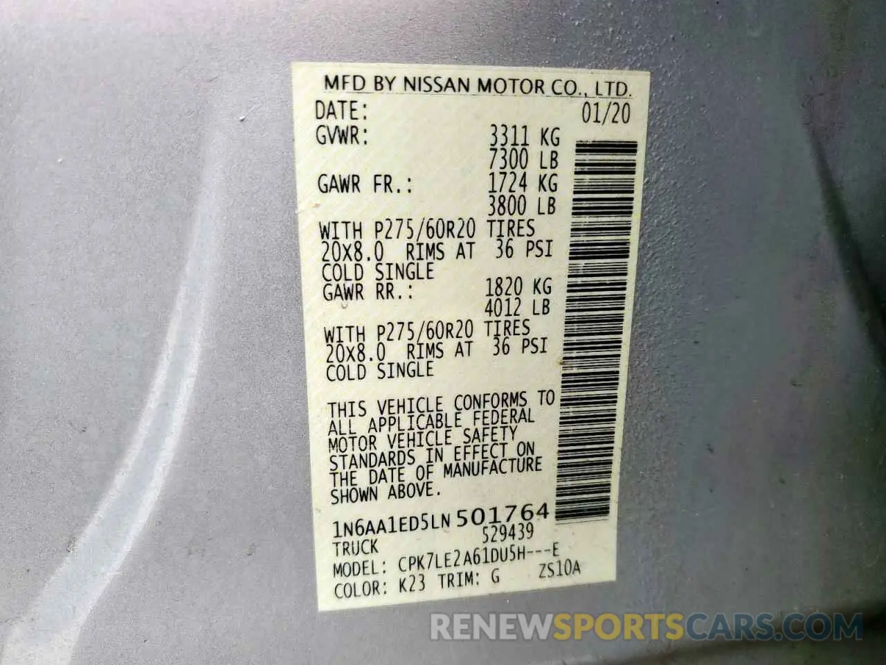 12 fotografías del automóvil dañado 1N6AA1ED5LN501764 NISSAN TITAN 2020