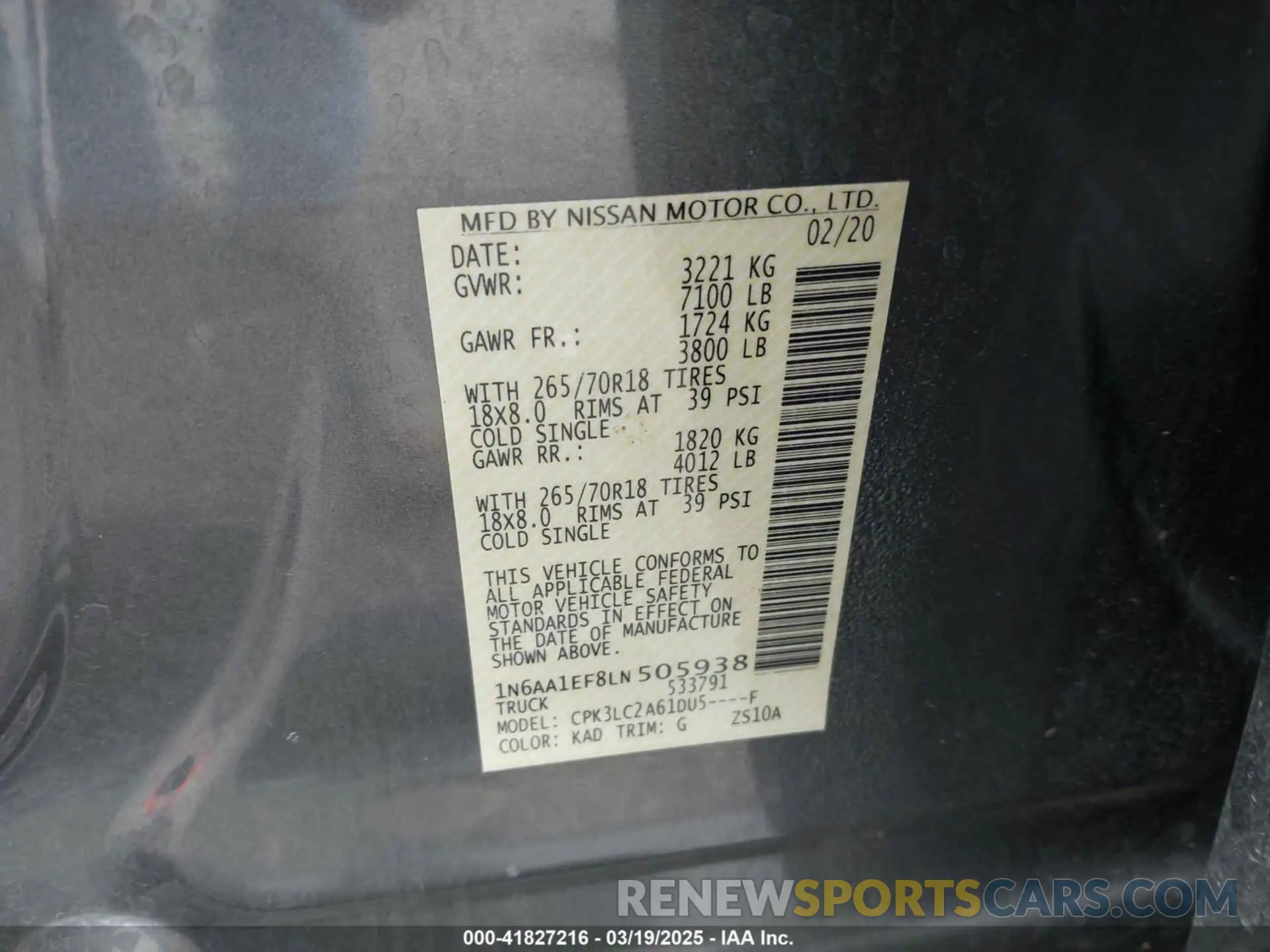 9 fotografías del automóvil dañado 1N6AA1EF8LN505938 NISSAN TITAN 2020