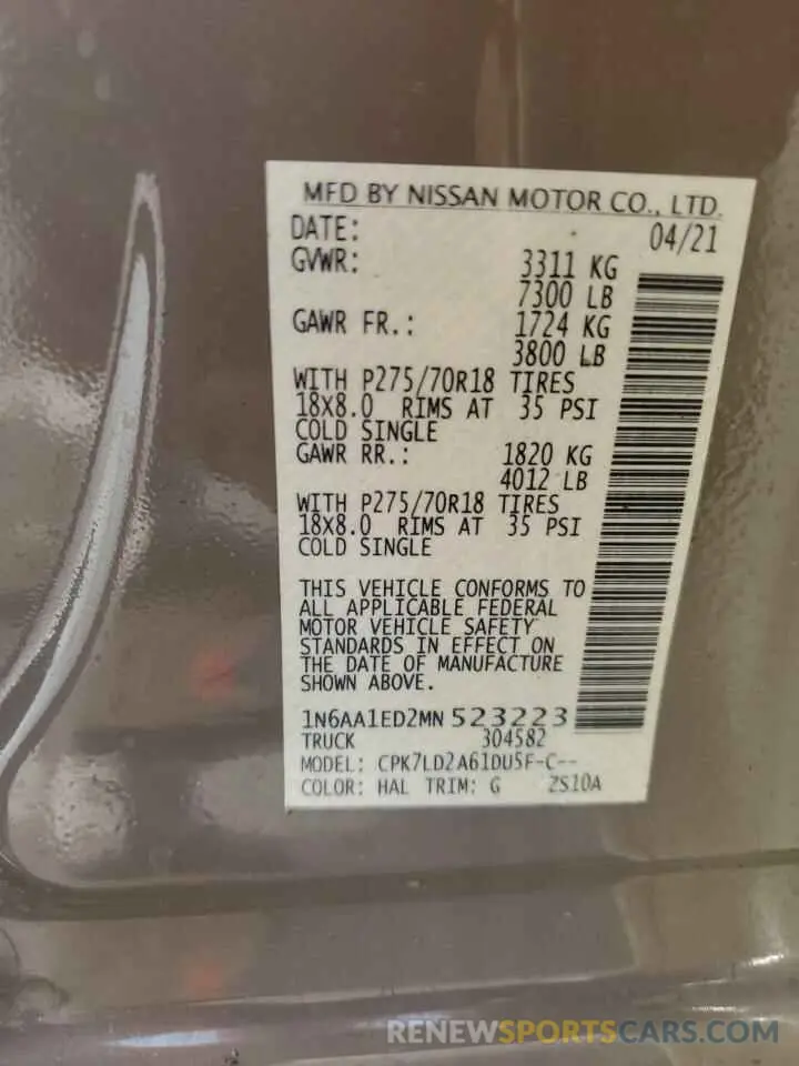 13 fotografías del automóvil dañado 1N6AA1ED2MN523223 NISSAN TITAN 2021