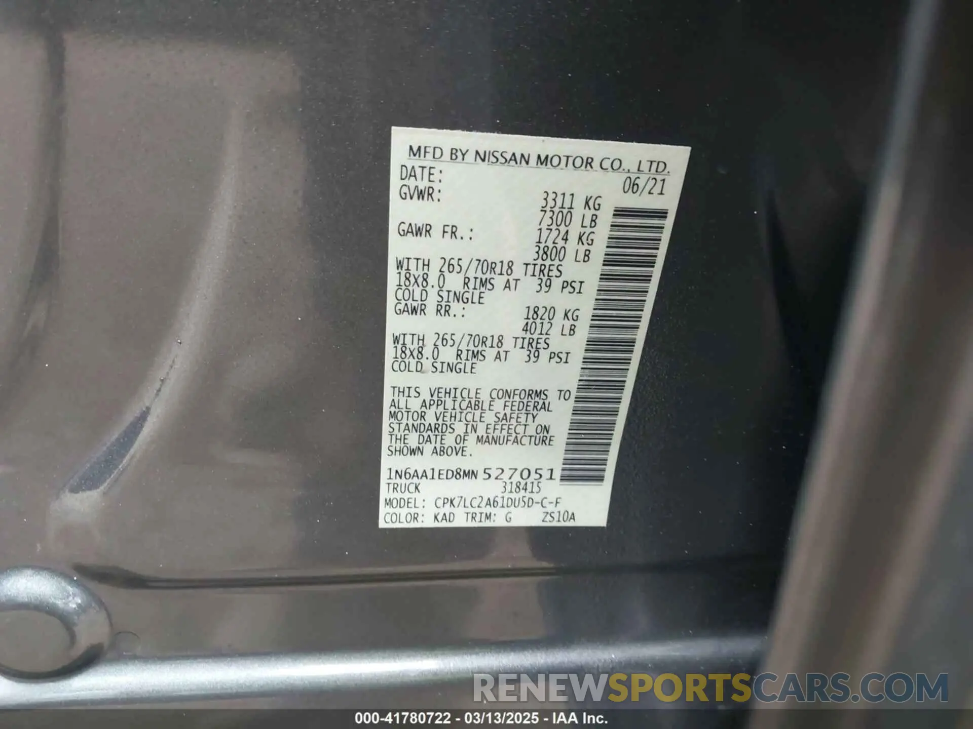 9 fotografías del automóvil dañado 1N6AA1ED8MN527051 NISSAN TITAN 2021