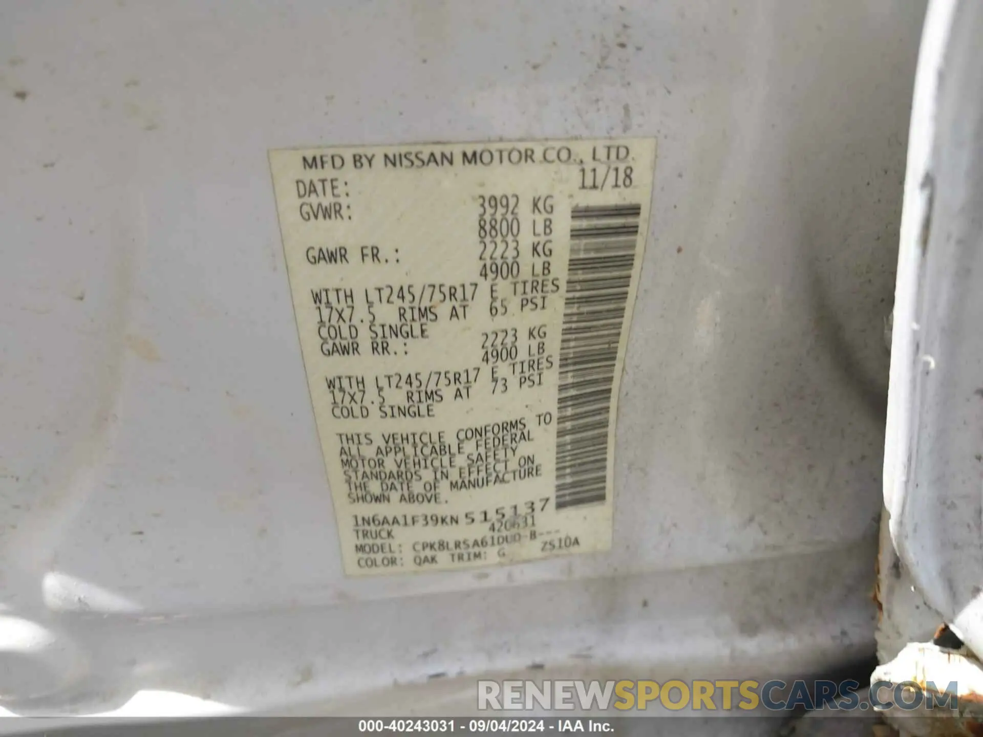 9 fotografías del automóvil dañado 1N6AA1F39KN515137 NISSAN TITAN XD 2019