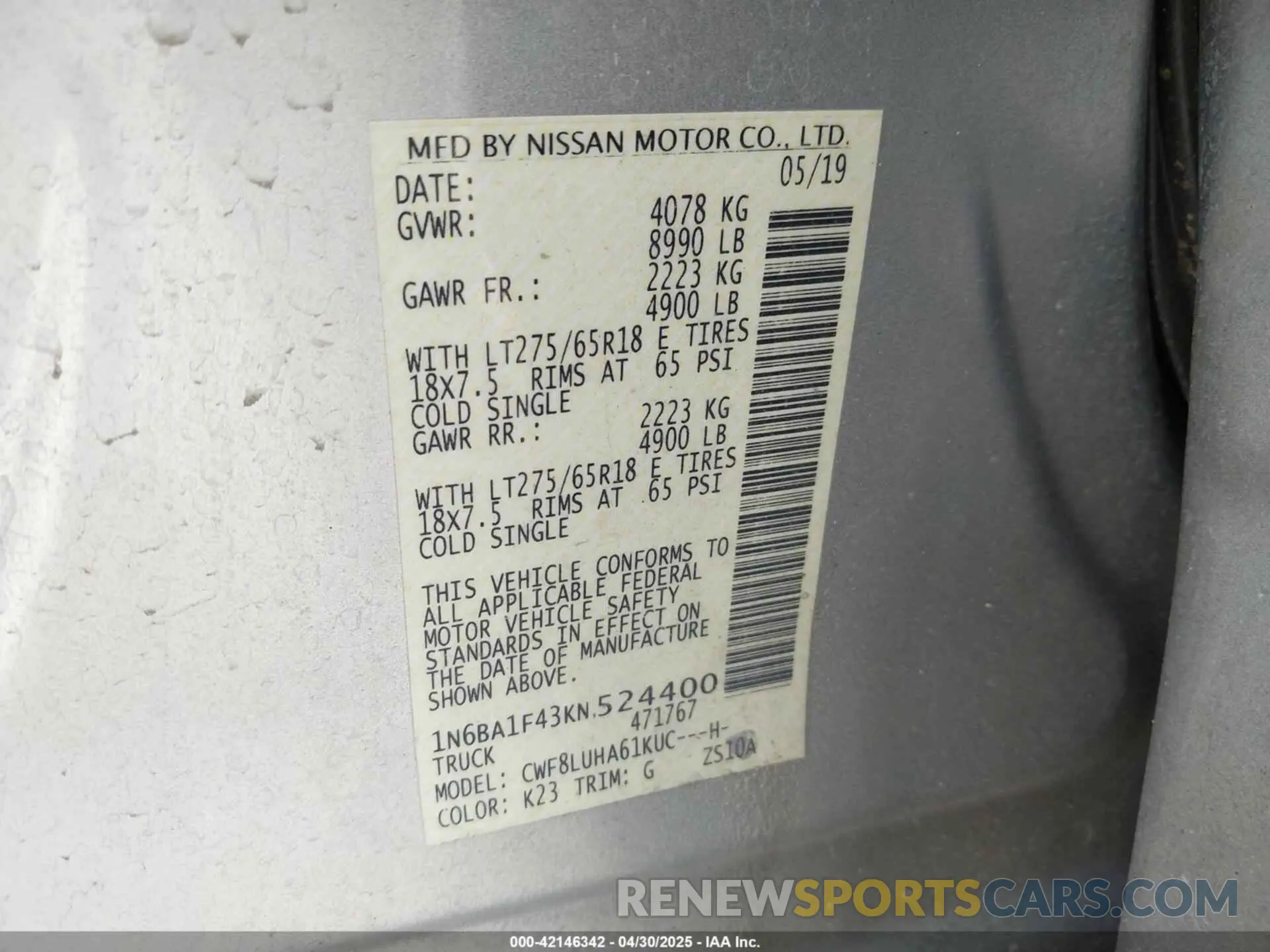 9 fotografías del automóvil dañado 1N6BA1F43KN524400 NISSAN TITAN XD 2019