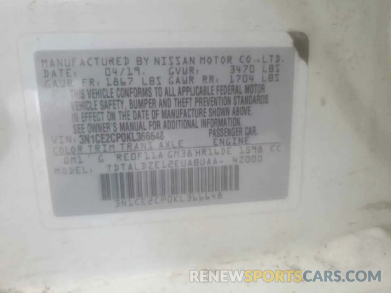 13 fotografías del automóvil dañado 3N1CE2CP0KL366648 NISSAN VERSA 2019