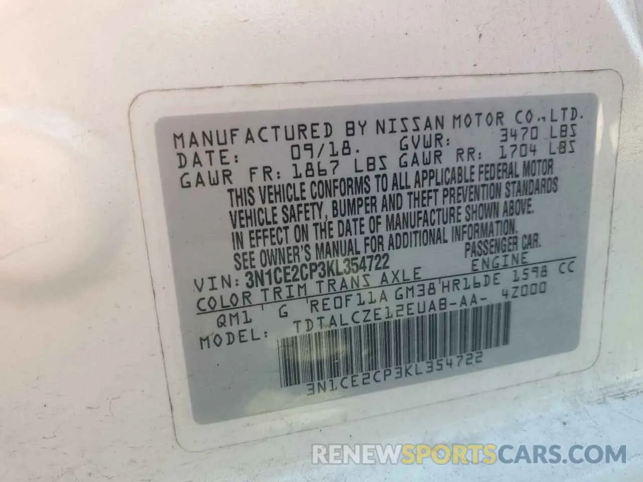 12 fotografías del automóvil dañado 3N1CE2CP3KL354722 NISSAN VERSA 2019