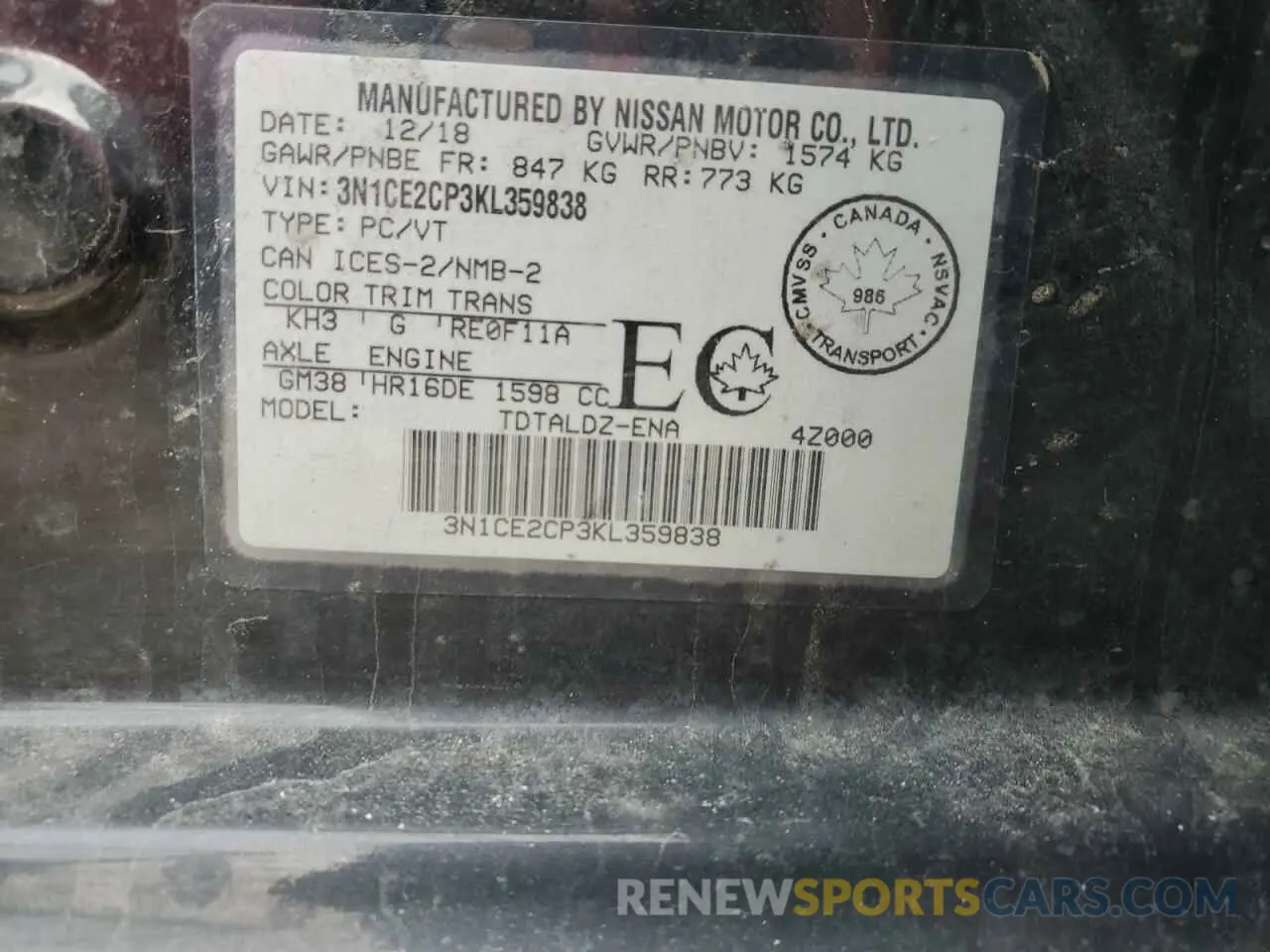 13 fotografías del automóvil dañado 3N1CE2CP3KL359838 NISSAN VERSA 2019
