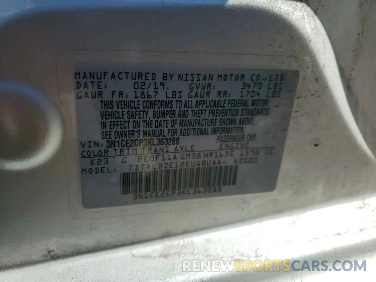 14 fotografías del automóvil dañado 3N1CE2CP3KL363288 NISSAN VERSA 2019