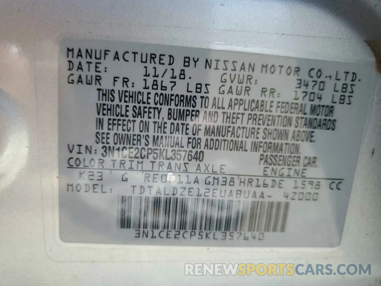 12 fotografías del automóvil dañado 3N1CE2CP5KL357640 NISSAN VERSA 2019