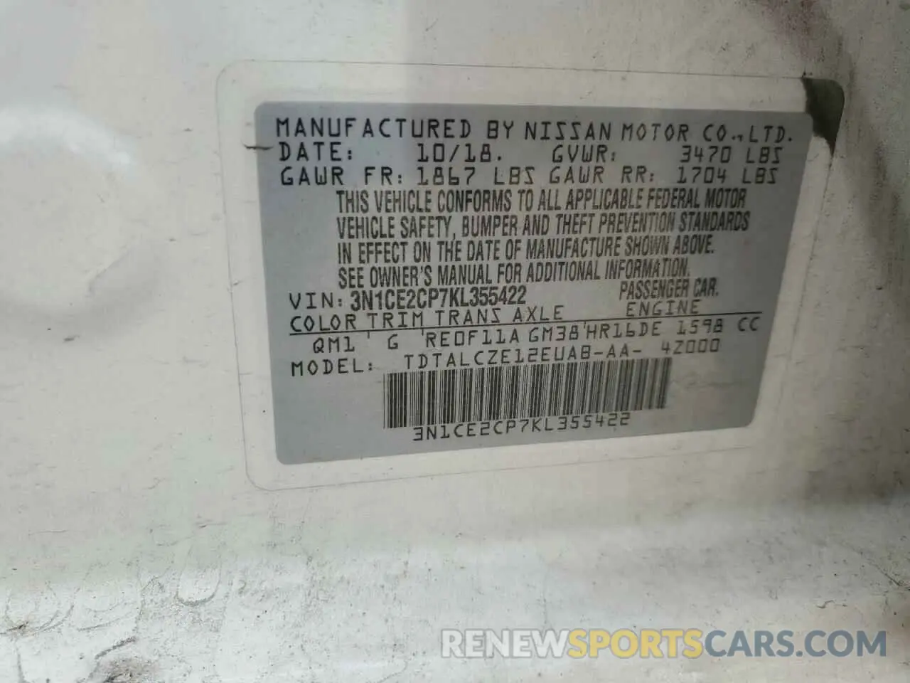 12 fotografías del automóvil dañado 3N1CE2CP7KL355422 NISSAN VERSA 2019