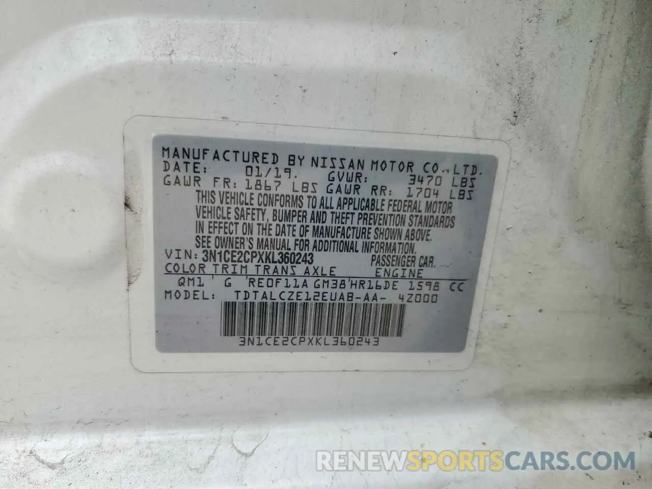 12 fotografías del automóvil dañado 3N1CE2CPXKL360243 NISSAN VERSA 2019