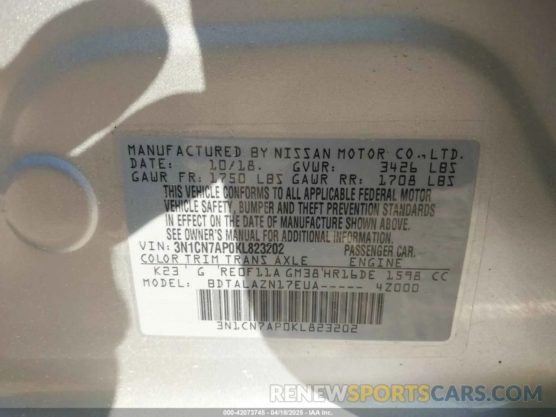 9 fotografías del automóvil dañado 3N1CN7AP0KL823202 NISSAN VERSA 2019