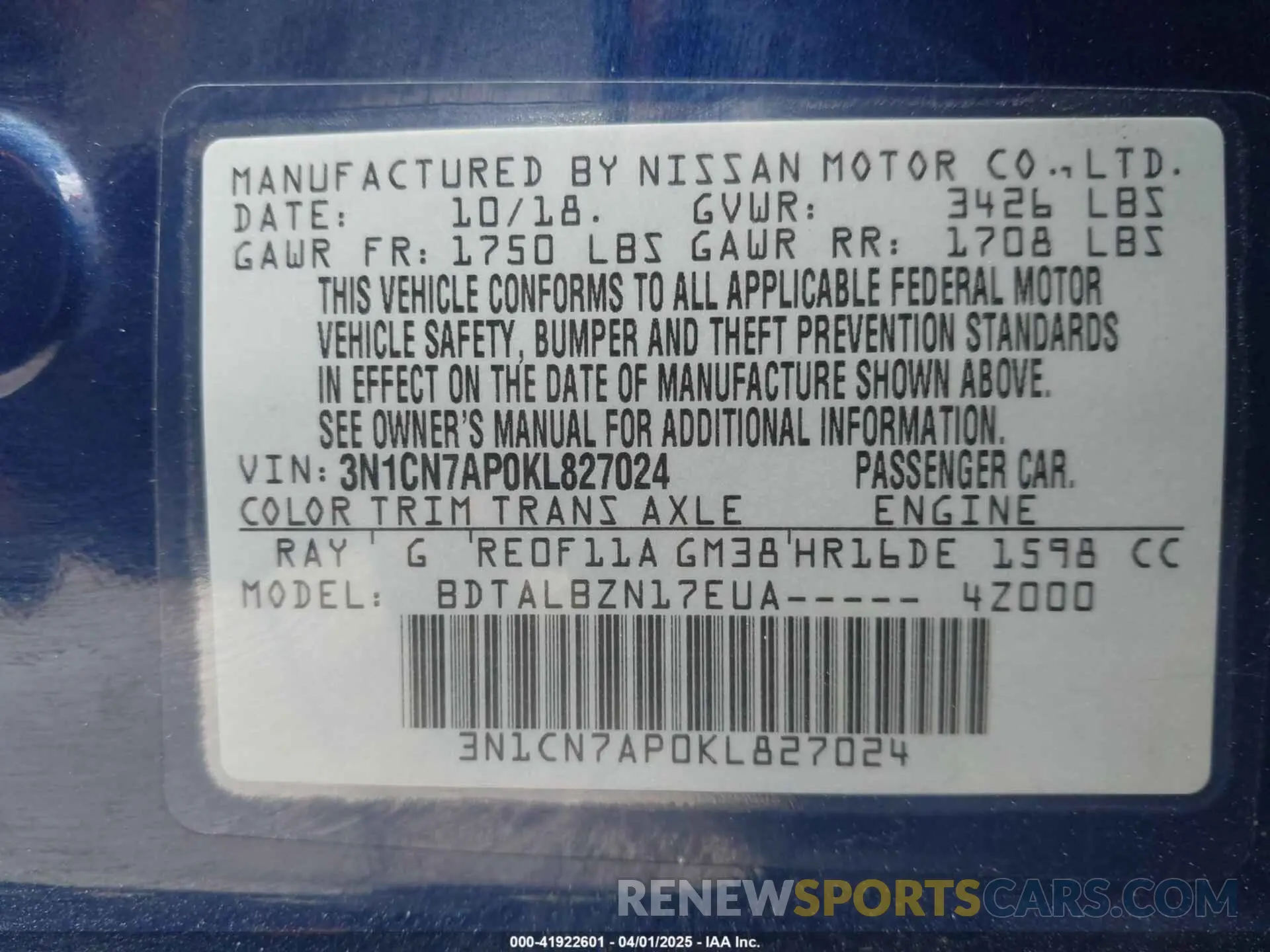 9 fotografías del automóvil dañado 3N1CN7AP0KL827024 NISSAN VERSA 2019