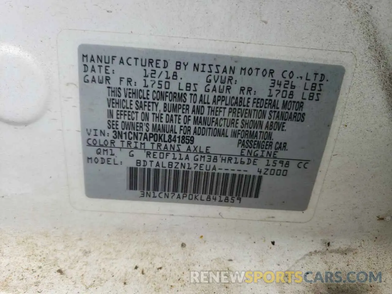 15 fotografías del automóvil dañado 3N1CN7AP0KL841859 NISSAN VERSA 2019