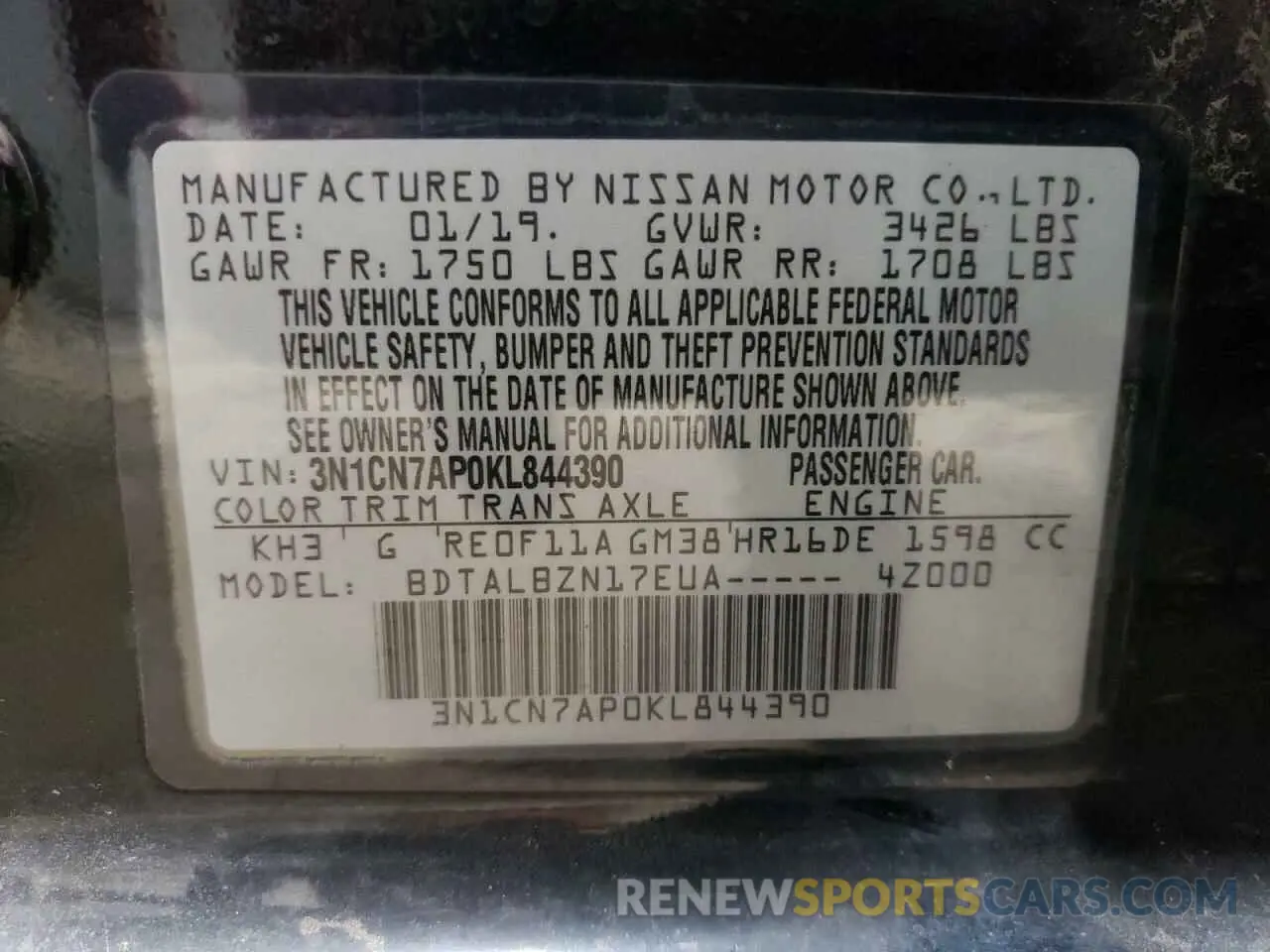 13 fotografías del automóvil dañado 3N1CN7AP0KL844390 NISSAN VERSA 2019