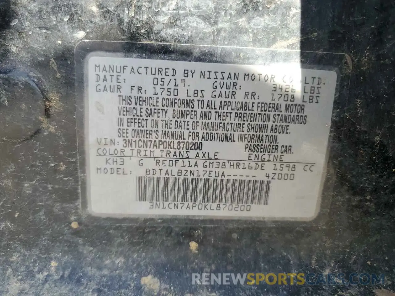 12 fotografías del automóvil dañado 3N1CN7AP0KL870200 NISSAN VERSA 2019