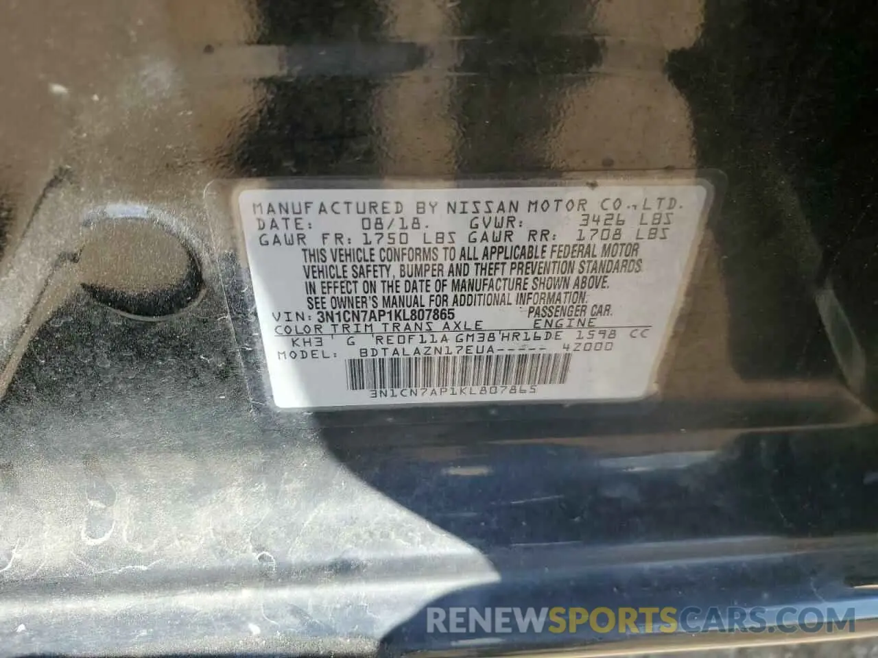 12 fotografías del automóvil dañado 3N1CN7AP1KL807865 NISSAN VERSA 2019