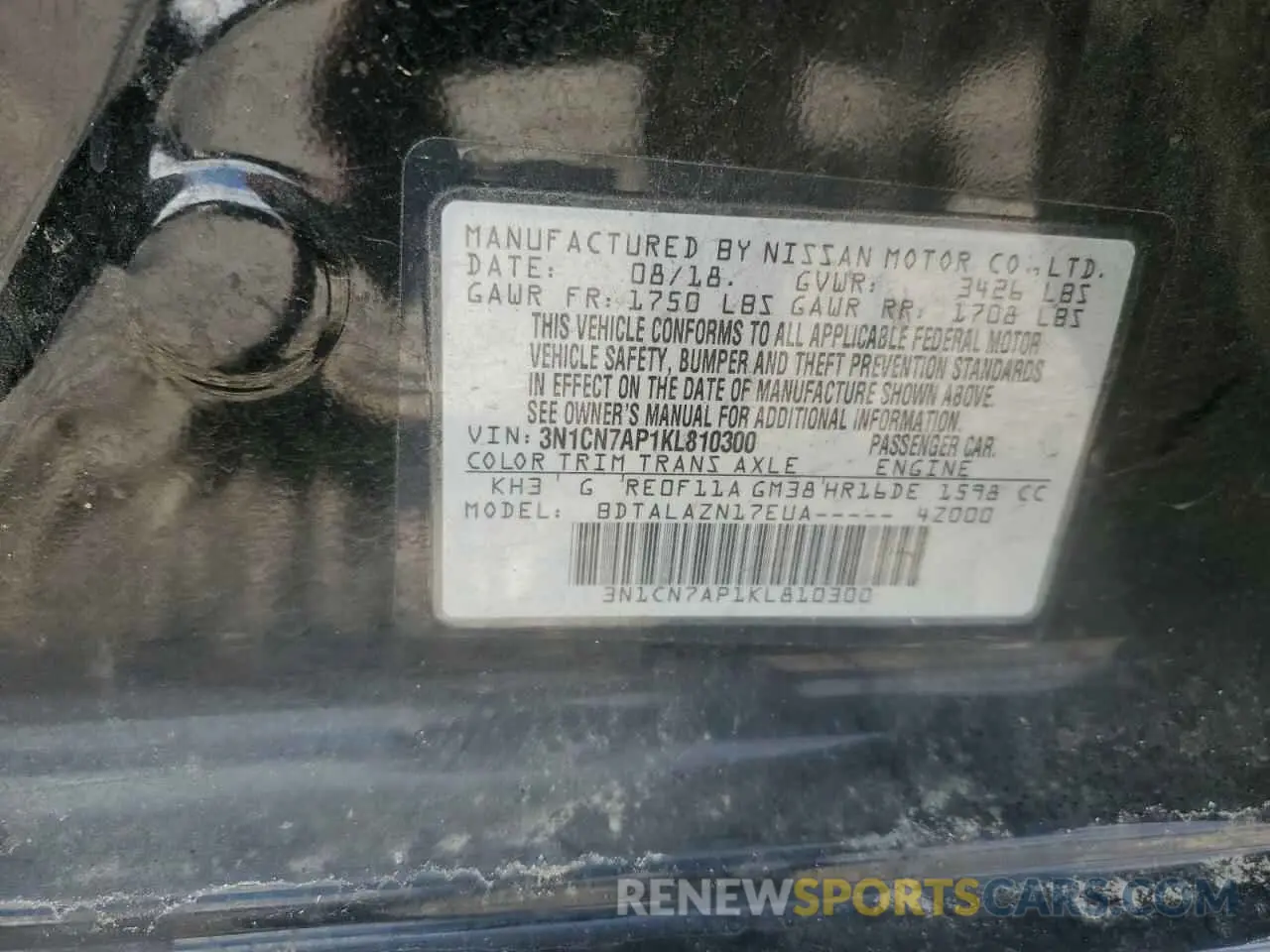 13 fotografías del automóvil dañado 3N1CN7AP1KL810300 NISSAN VERSA 2019