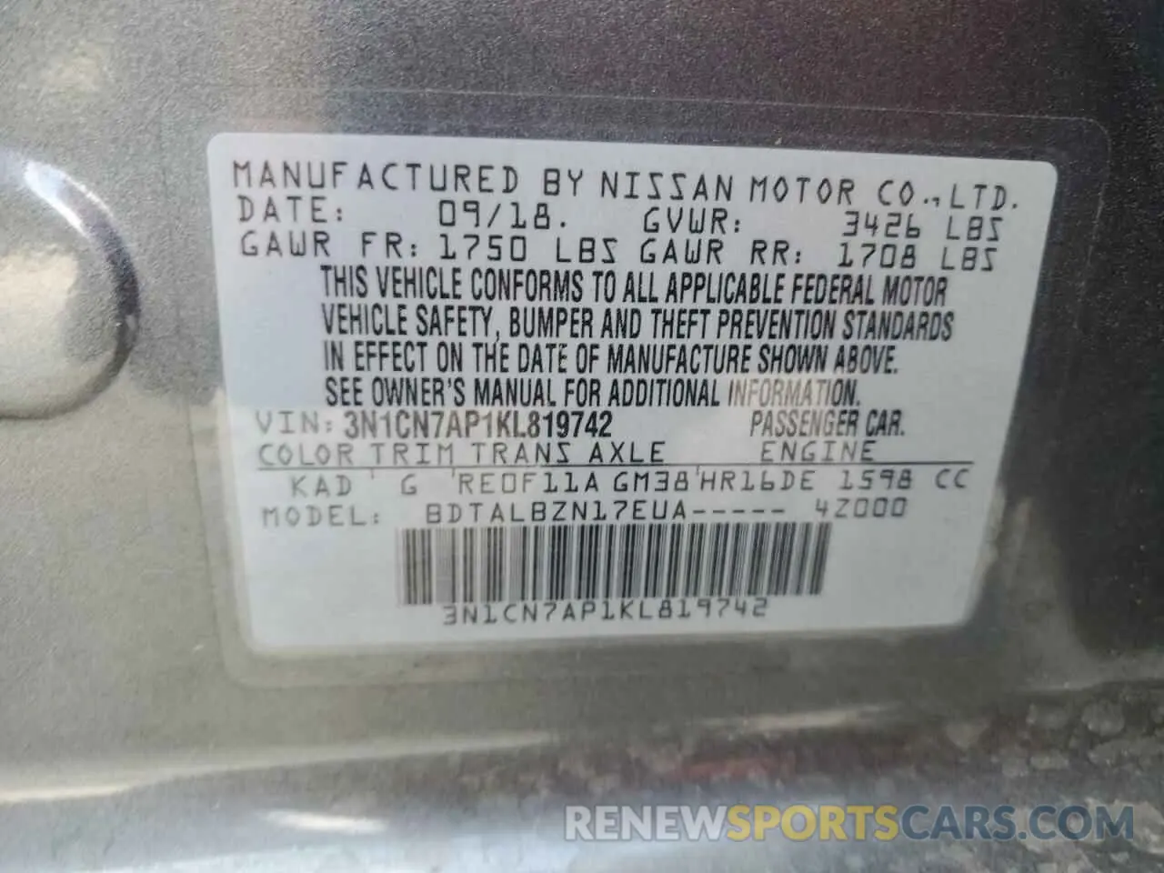 14 fotografías del automóvil dañado 3N1CN7AP1KL819742 NISSAN VERSA 2019